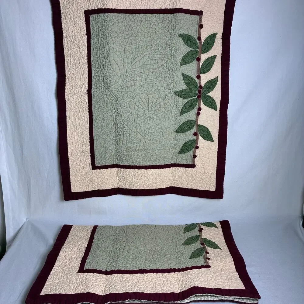 Vintage LL Bean Quilted Pillow Shams Set of 2 Sage Green Burgundy Floral Leaf